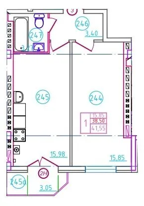 Планировка 1-комнатной квартиры 41.55 м² в ЖК Артём, г. Шахты — фото 1