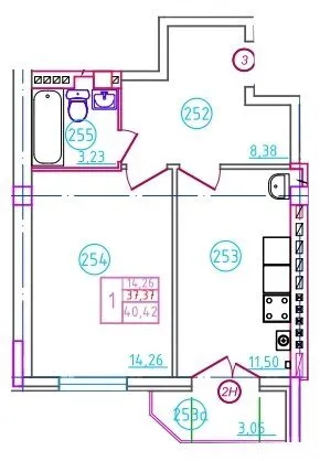 Планировка 1-комнатной квартиры 40.42 м² в ЖК Артём, г. Шахты — фото 1