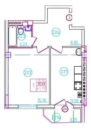 Планировка 1-комнатной квартиры 41.73 м² в ЖК Артём, г. Шахты — фото 1