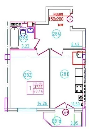 Планировка 1-комнатной квартиры 40.46 м² в ЖК Артём, г. Шахты — фото 1