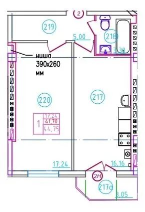 Планировка 1-комнатной квартиры 44.75 м² в ЖК Артём, г. Шахты — фото 1