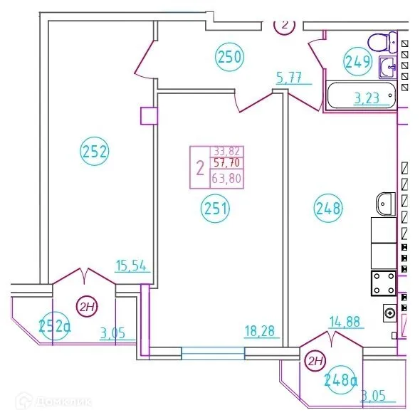 Планировка 2-комнатной квартиры 63.8 м² в ЖК Артём, г. Шахты — фото 1