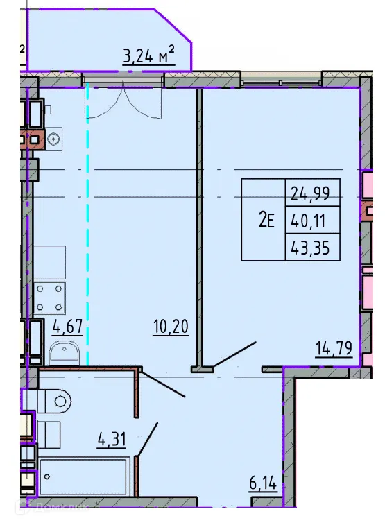 Планировка 1-комнатной квартиры 43.36 м² в ЖК Артём 2, г. Шахты — фото 1