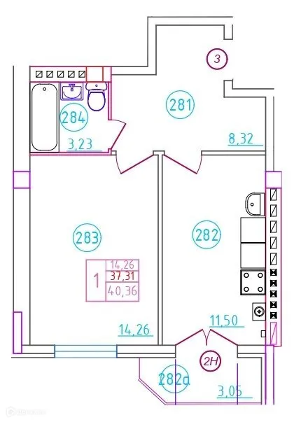 Планировка 1-комнатной квартиры 40.36 м² в ЖК Артём, г. Шахты — фото 1