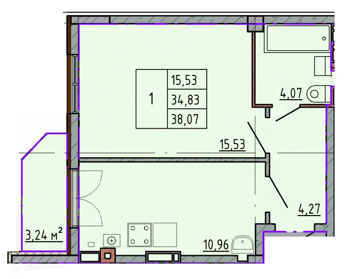 Планировка 1-комнатной квартиры 38.07 м² в ЖК Артём 2, г. Шахты — фото 1