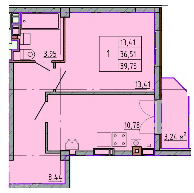Планировка 1-комнатной квартиры 39.75 м² в ЖК Артём 2, г. Шахты — фото 1