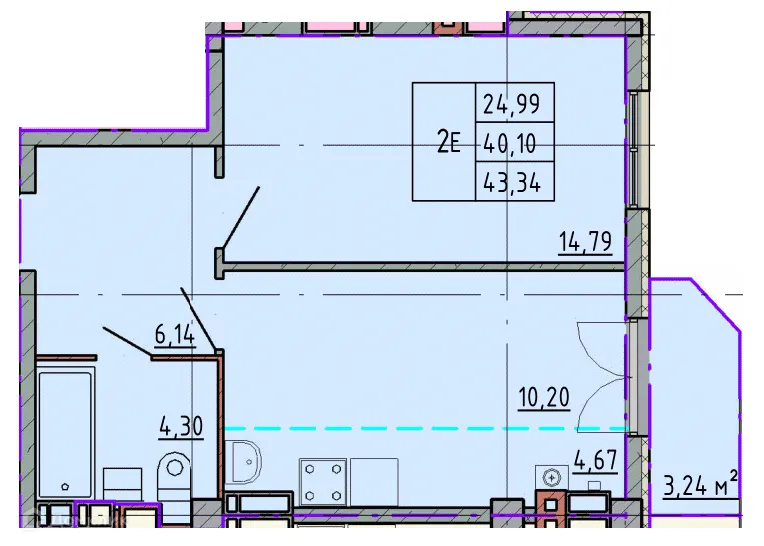 Планировка 1-комнатной квартиры 43.15 м² в ЖК Артём 2, г. Шахты — фото 1