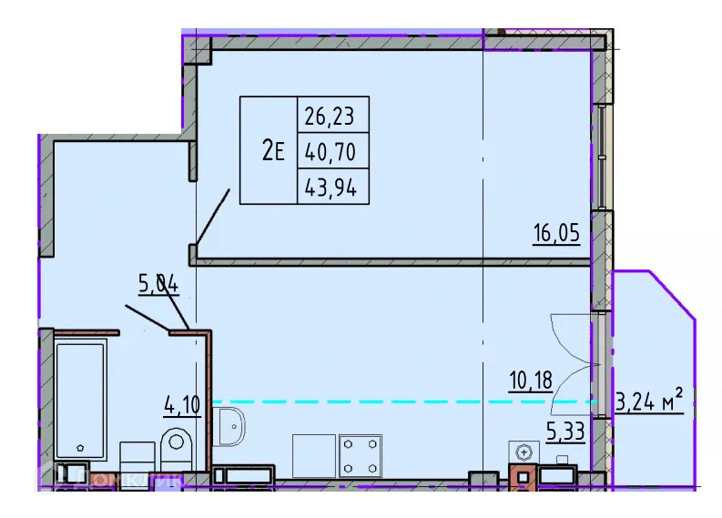 Планировка 1-комнатной квартиры 43.9 м² в ЖК Артём 2, г. Шахты — фото 1