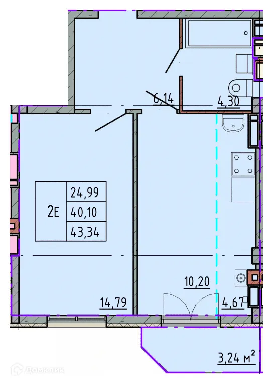 Планировка 1-комнатной квартиры 43.29 м² в ЖК Артём 2, г. Шахты — фото 1