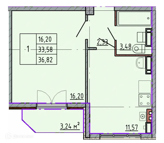 Планировка 1-комнатной квартиры 36.75 м² в ЖК Артём 2, г. Шахты — фото 1