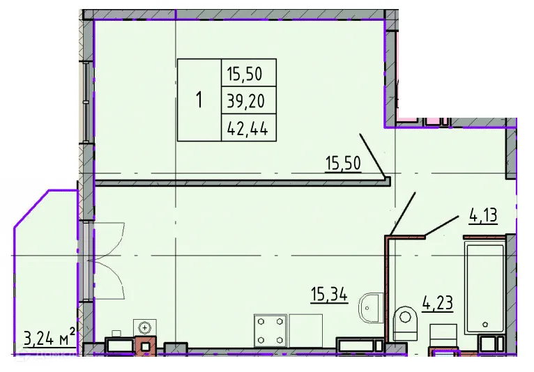 Планировка 1-комнатной квартиры 42.44 м² в ЖК Артём 2, г. Шахты — фото 1