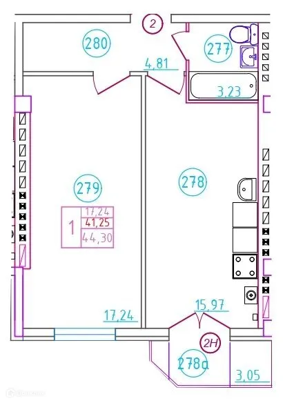 Планировка 1-комнатной квартиры 44.3 м² в ЖК Артём, г. Шахты — фото 1