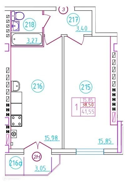 Планировка 1-комнатной квартиры 41.55 м² в ЖК Артём, г. Шахты — фото 1