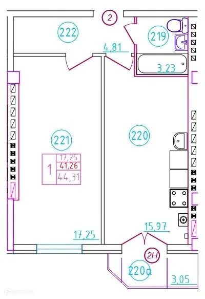 Планировка 1-комнатной квартиры 44.31 м² в ЖК Артём, г. Шахты — фото 1