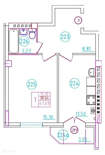 Планировка 1-комнатной квартиры 41.69 м² в ЖК Артём, г. Шахты — фото 1