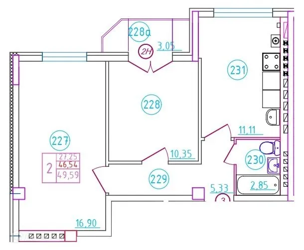 Планировка 2-комнатной квартиры 49.59 м² в ЖК Артём, г. Шахты — фото 1