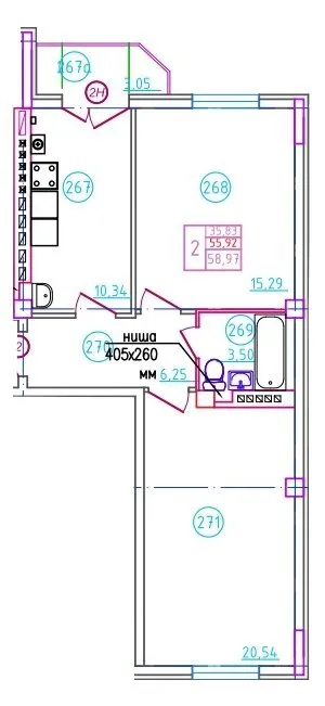 Планировка 2-комнатной квартиры 58.97 м² в ЖК Артём, г. Шахты — фото 1
