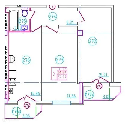 Планировка 2-комнатной квартиры 62.77 м² в ЖК Артём, г. Шахты — фото 1