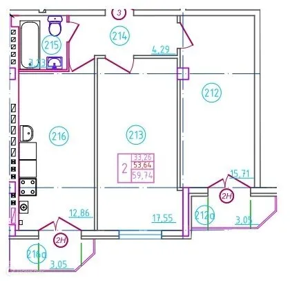 Планировка 2-комнатной квартиры 59.74 м² в ЖК Артём, г. Шахты — фото 1