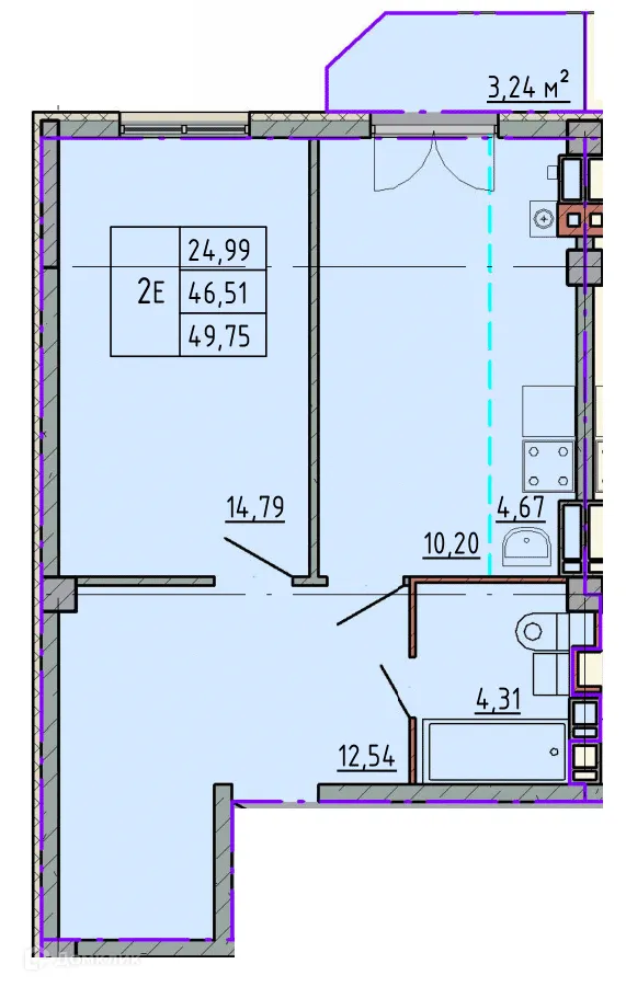 Планировка 1-комнатной квартиры 49.61 м² в ЖК Артём 2, г. Шахты — фото 1