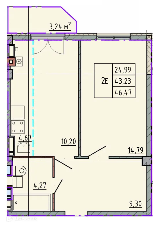 Планировка 1-комнатной квартиры 46.29 м² в ЖК Артём 2, г. Шахты — фото 1