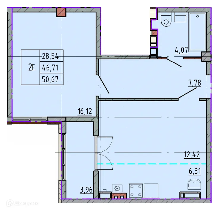 Планировка 1-комнатной квартиры 50.67 м² в ЖК Артём 2, г. Шахты — фото 1