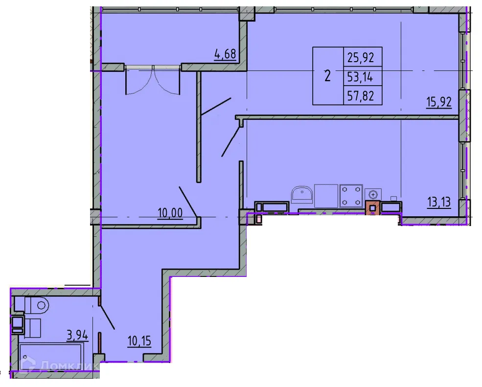 Планировка 2-комнатной квартиры 57.7 м² в ЖК Артём 2, г. Шахты — фото 1