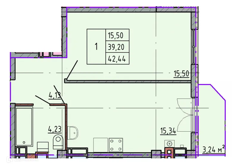 Планировка 1-комнатной квартиры 42.4 м² в ЖК Артём 2, г. Шахты — фото 1