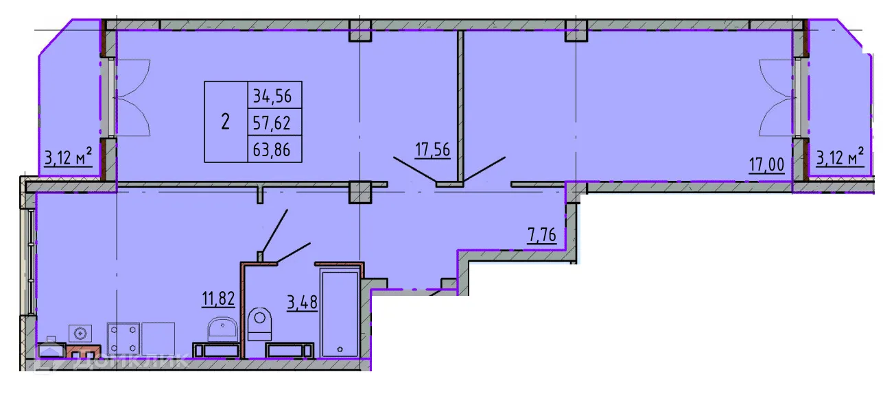 Планировка 2-комнатной квартиры 63.73 м² в ЖК Артём 2, г. Шахты — фото 1