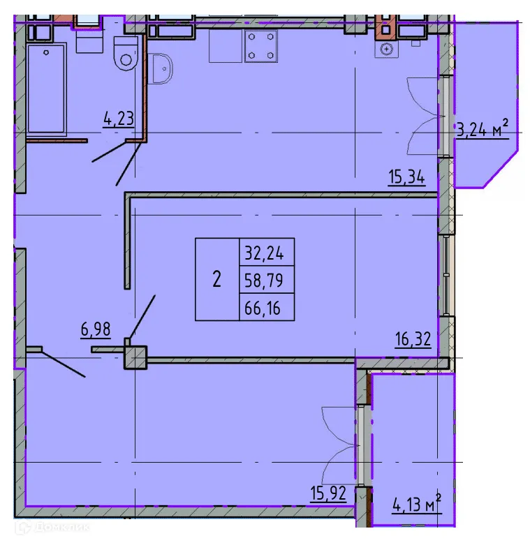 Планировка 2-комнатной квартиры 66.03 м² в ЖК Артём 2, г. Шахты — фото 1