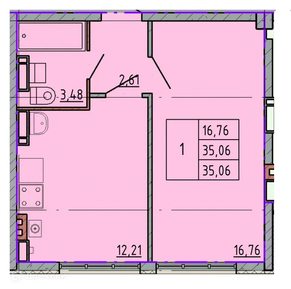 Планировка 1-комнатной квартиры 35.06 м² в ЖК Артём 2, г. Шахты — фото 1
