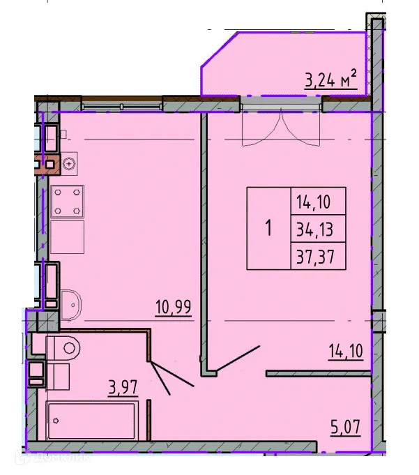 Планировка 1-комнатной квартиры 37.38 м² в ЖК Артём 2, г. Шахты — фото 1