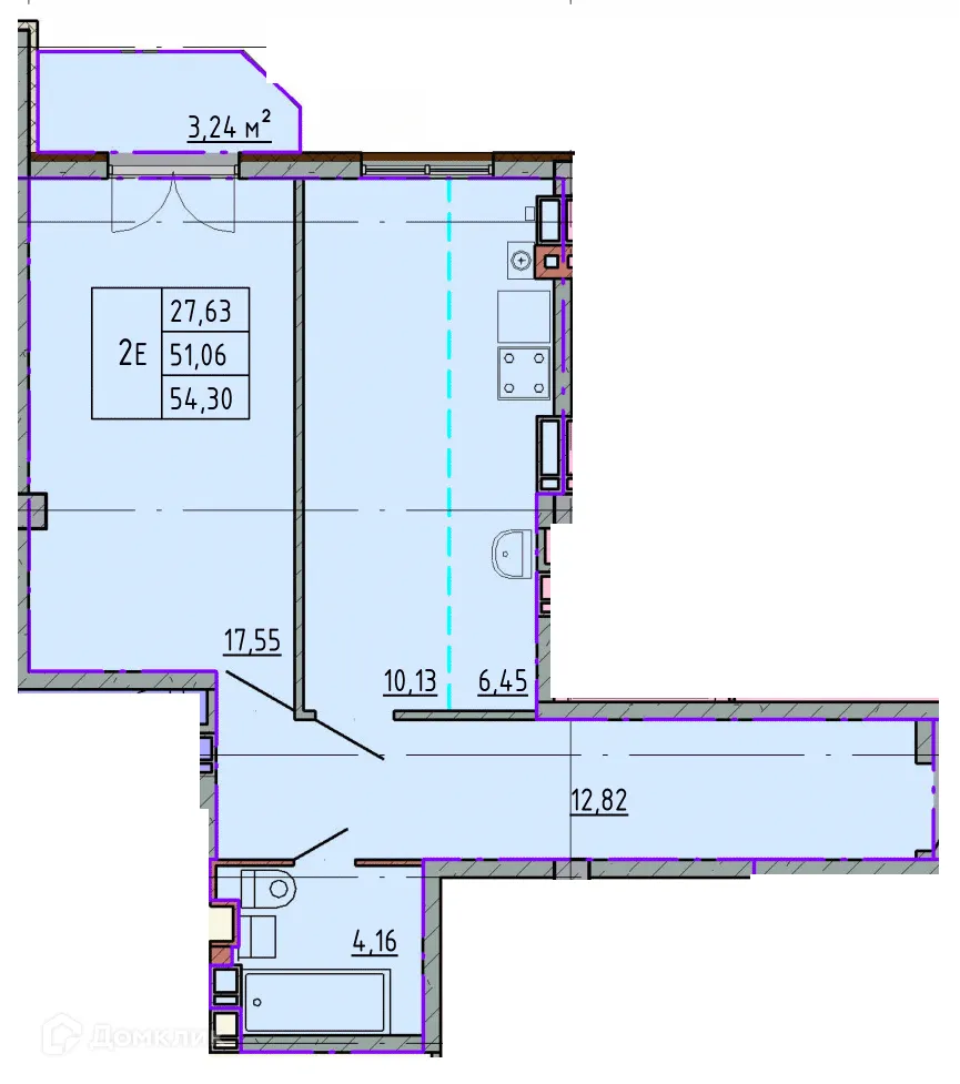 Планировка 1-комнатной квартиры 53.49 м² в ЖК Артём 2, г. Шахты — фото 1