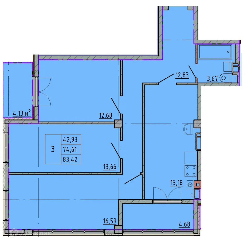 Планировка 3-комнатной квартиры 83.42 м² в ЖК Артём 2, г. Шахты — фото 1