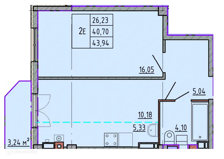 Планировка 1-комнатной квартиры 43.81 м² в ЖК Артём 2, г. Шахты — фото 1