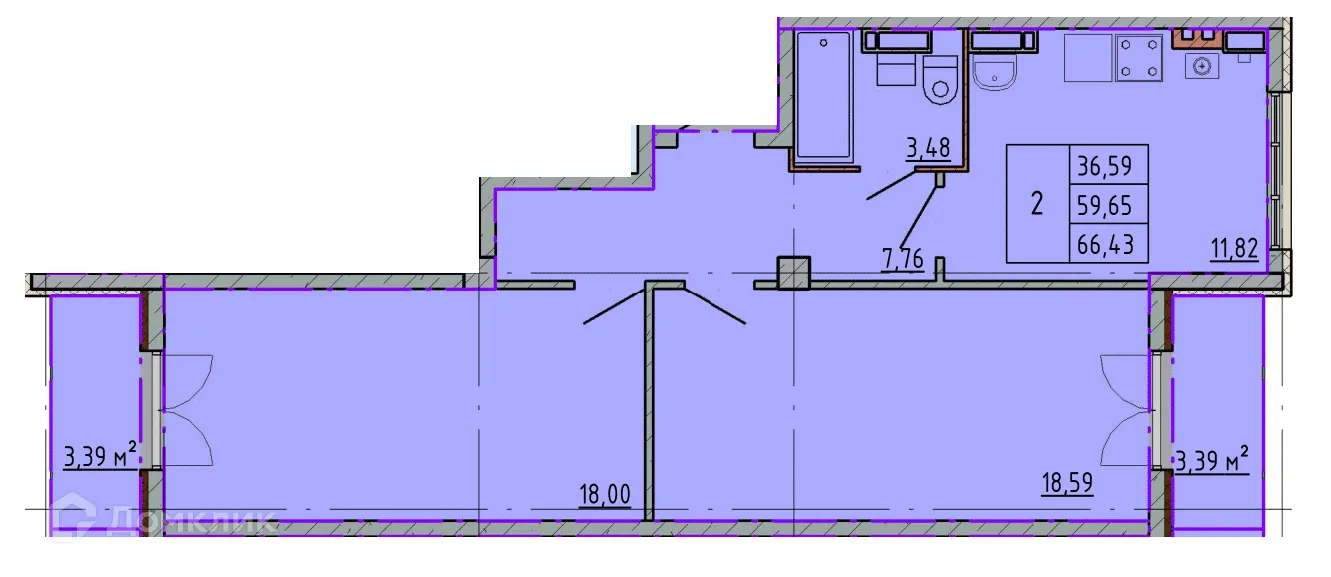 Планировка 2-комнатной квартиры 66.43 м² в ЖК Артём 2, г. Шахты — фото 1