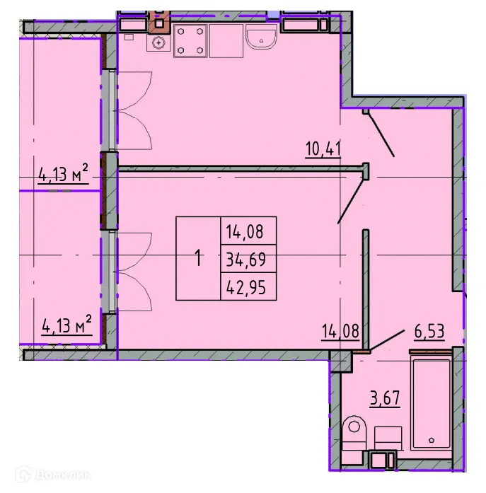 Планировка 1-комнатной квартиры 42.83 м² в ЖК Артём 2, г. Шахты — фото 1