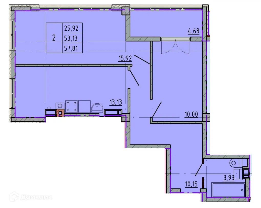Планировка 2-комнатной квартиры 57.63 м² в ЖК Артём 2, г. Шахты — фото 1