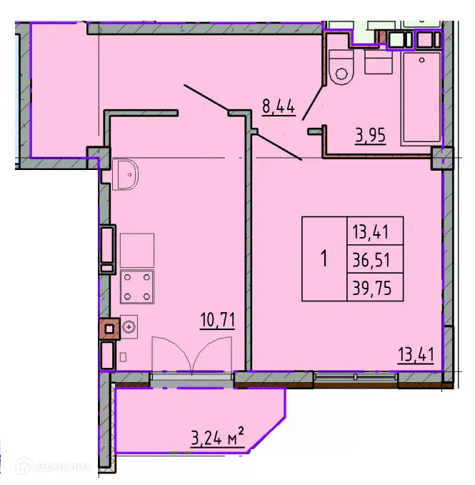 Планировка 1-комнатной квартиры 39.69 м² в ЖК Артём 2, г. Шахты — фото 1