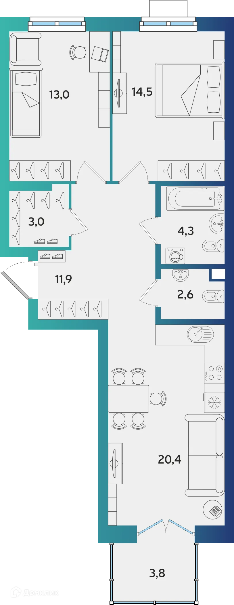 Планировка 2-комнатной квартиры 70.84 м² в ЖК Экополис, г. Альметьевск — фото 1