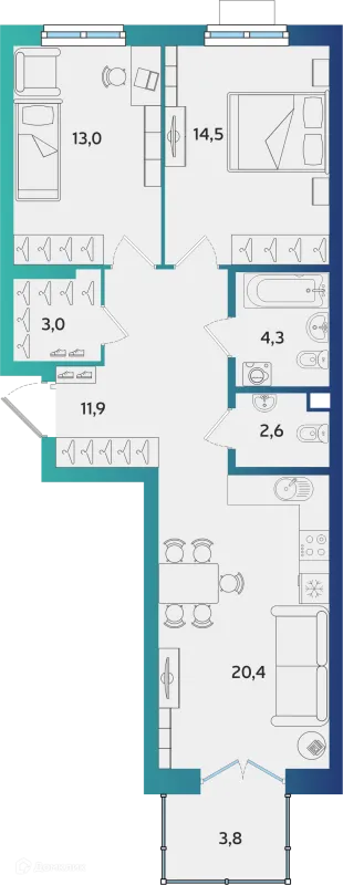 Планировка 2 комн. в ЖК Экополис