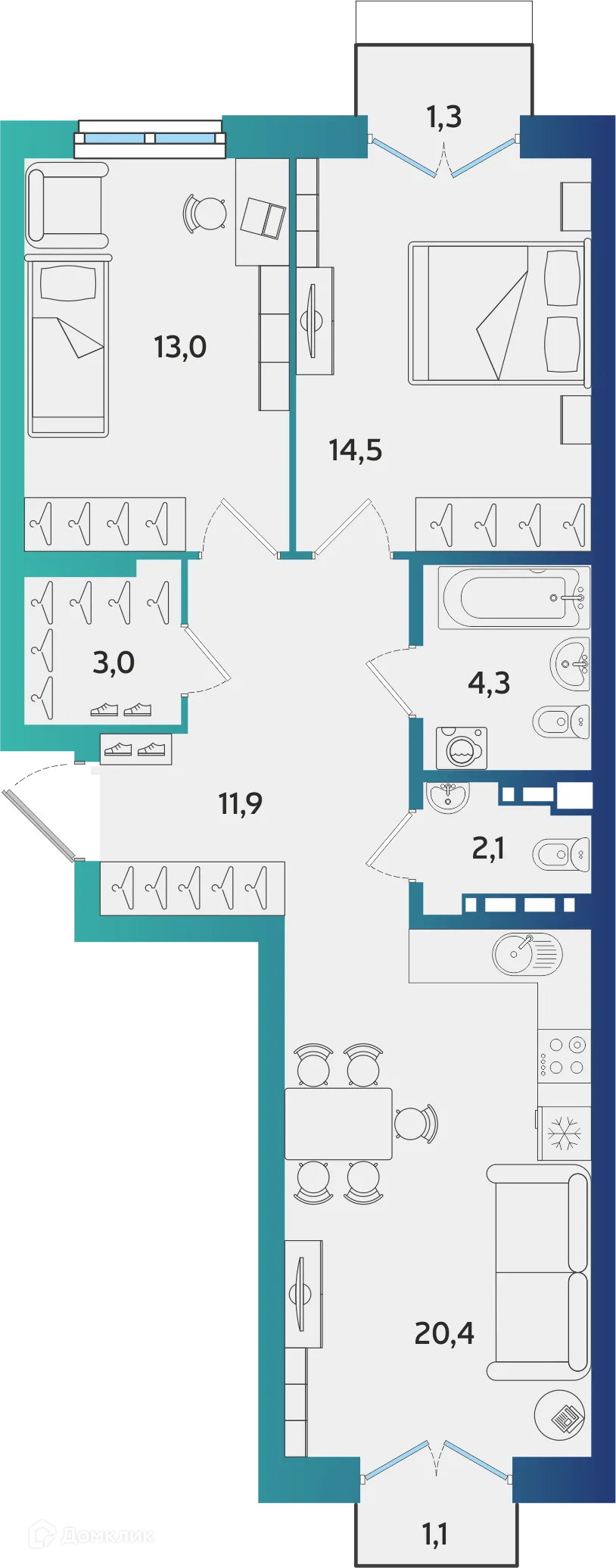 Планировка 2-комнатной квартиры 69.92 м² в ЖК Экополис, г. Альметьевск — фото 1
