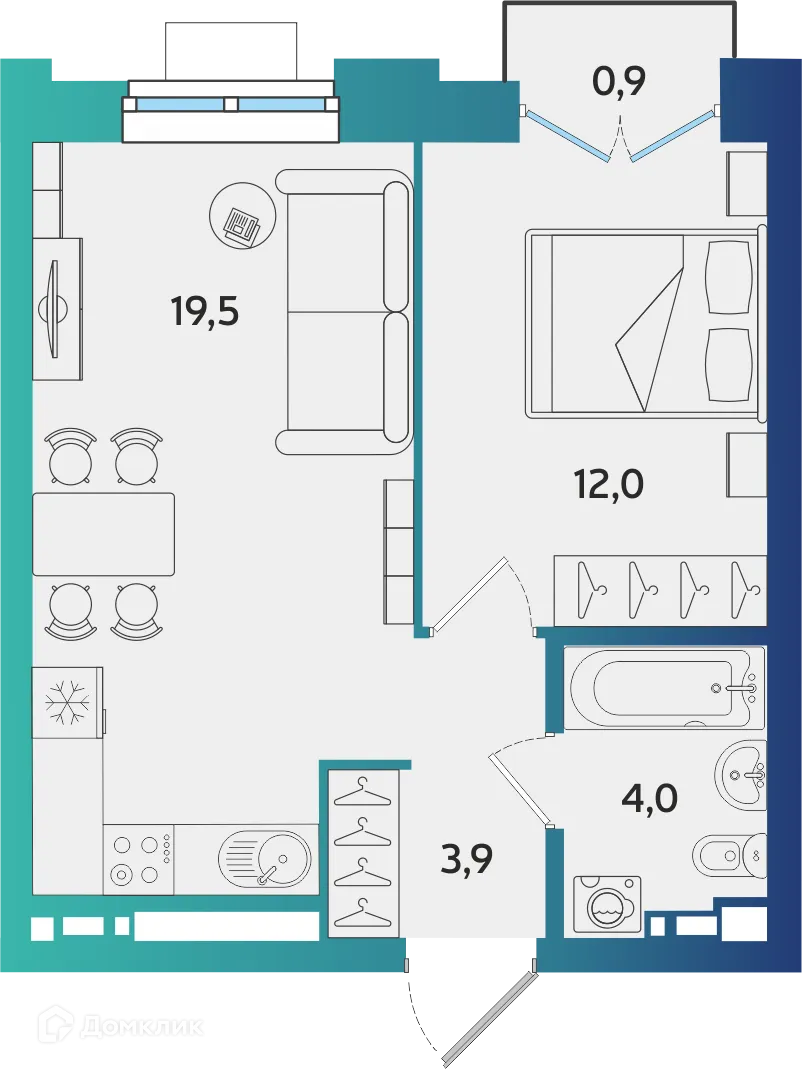 Планировка 1-комнатной квартиры 39.67 м² в ЖК Экополис, г. Альметьевск — фото 1