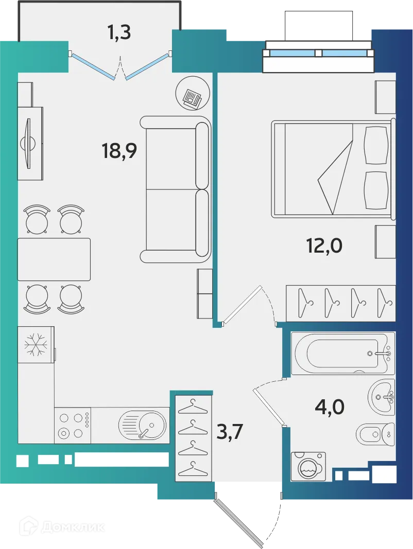 Планировка 1-комнатной квартиры 38.99 м² в ЖК Экополис, г. Альметьевск — фото 1