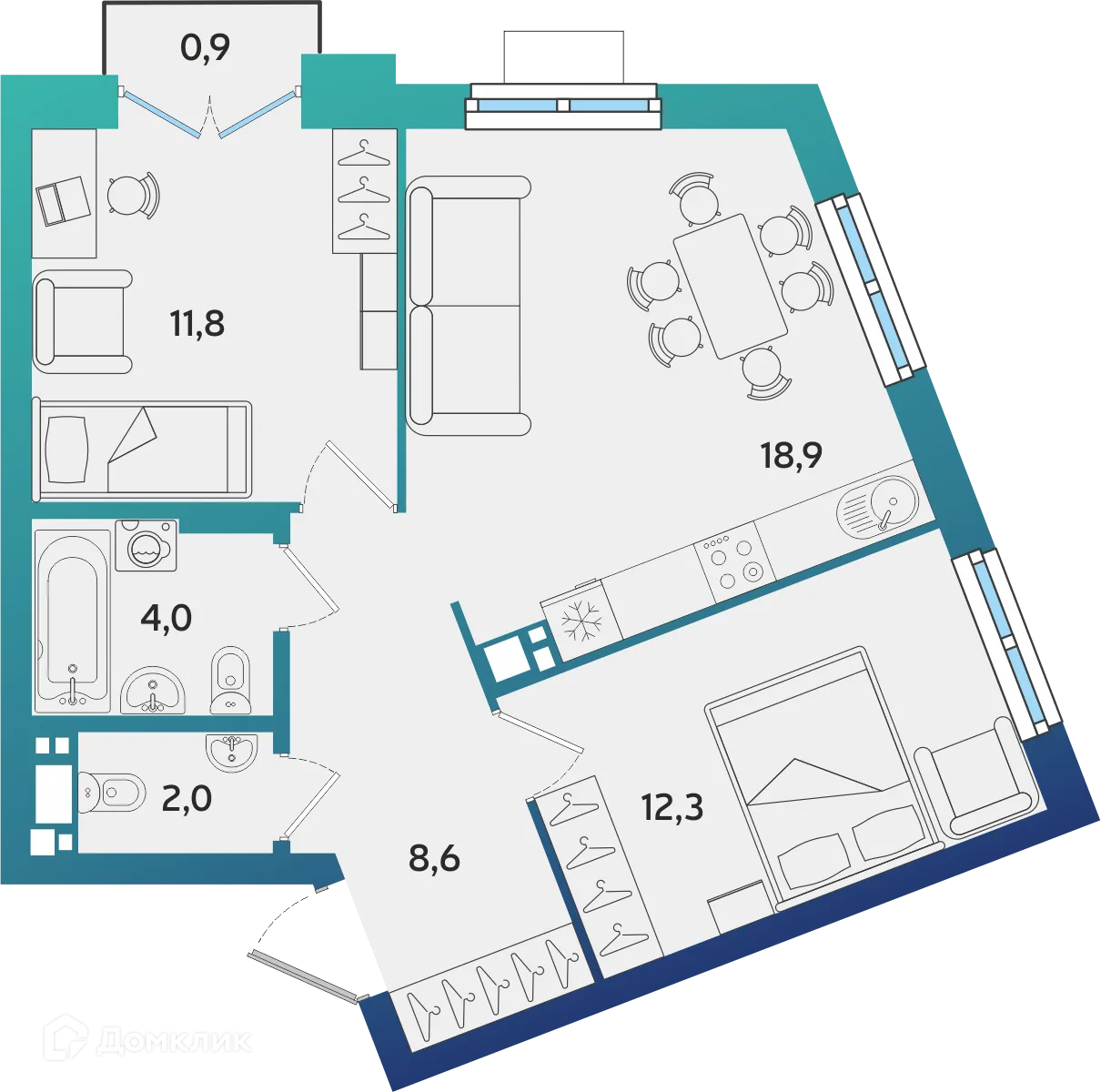 Планировка 2-комнатной квартиры 57.87 м² в ЖК Экополис, г. Альметьевск — фото 1