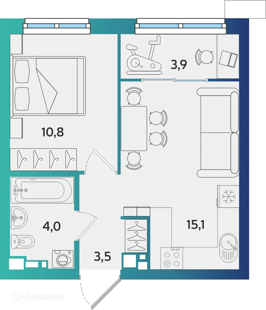 Планировка 1-комнатной квартиры 37.3 м² в ЖК Экополис, г. Альметьевск — фото 1
