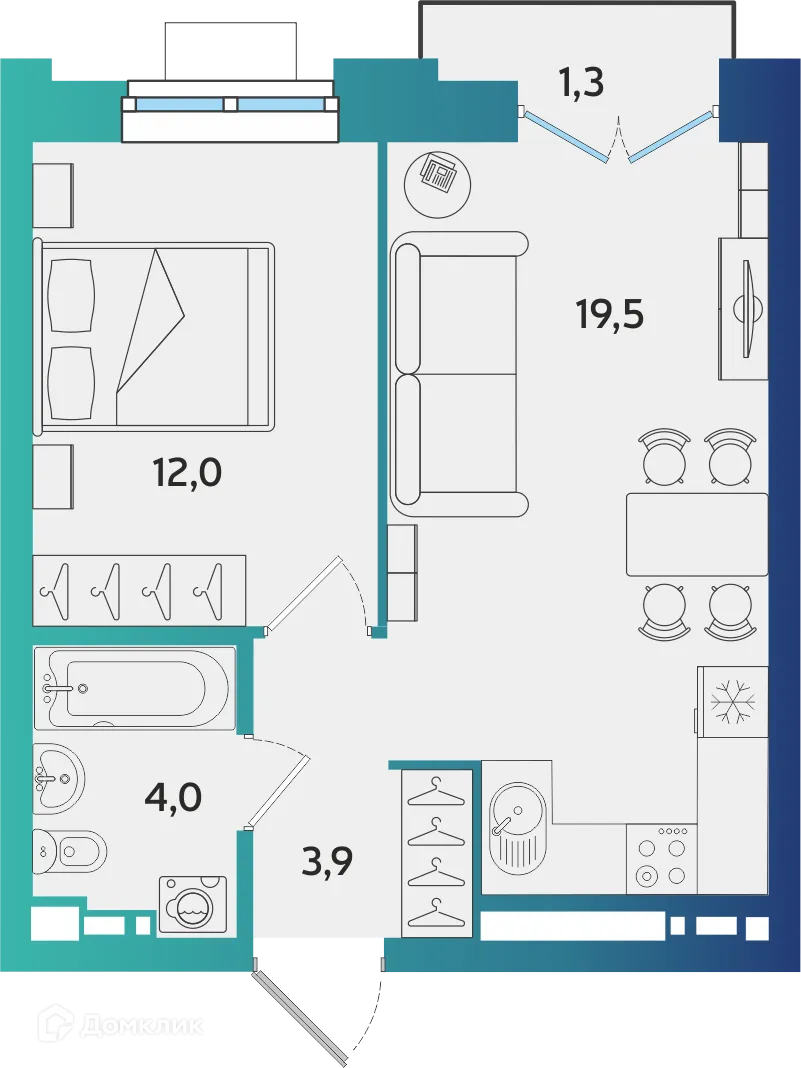 Планировка 1-комнатной квартиры 39.79 м² в ЖК Экополис, г. Альметьевск — фото 1