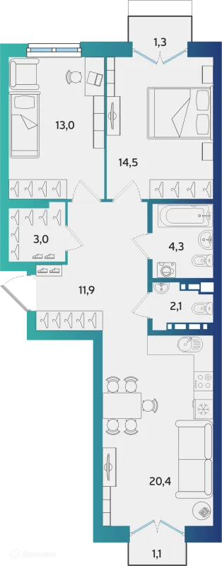 Планировка 2 комн. в ЖК Экополис