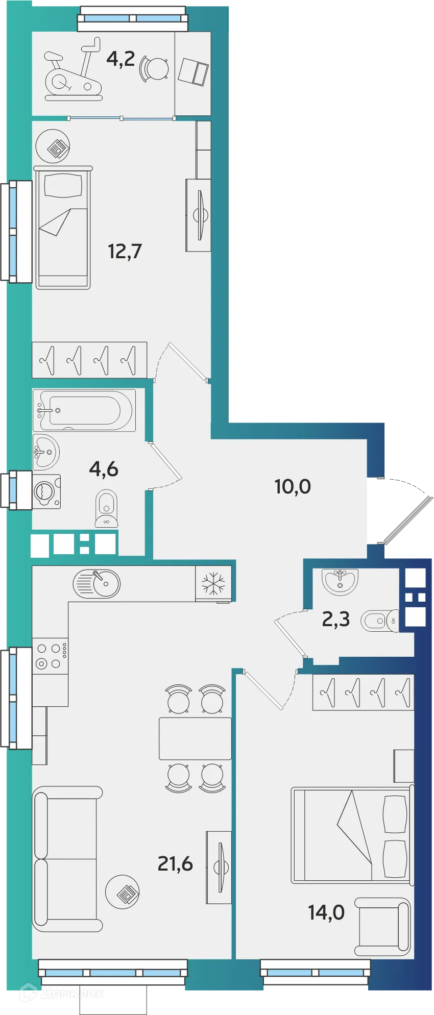 Планировка 2-комнатной квартиры 69.4 м² в ЖК Экополис, г. Альметьевск — фото 1
