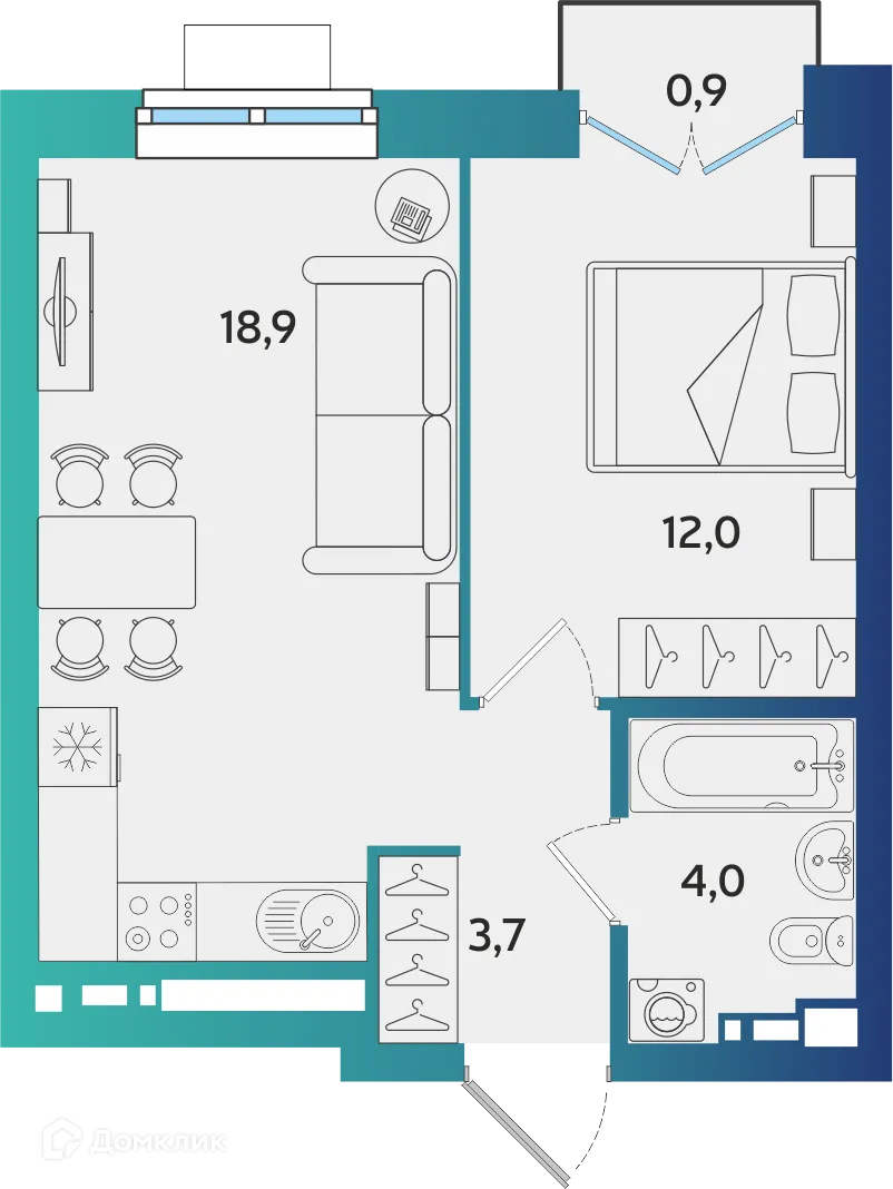 Планировка 1-комнатной квартиры 38.87 м² в ЖК Экополис, г. Альметьевск — фото 1